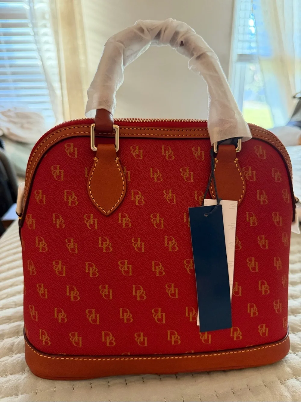 Dooney & Bourke Red Signature Dome Satchel with Brown Trim and Gold Logo
